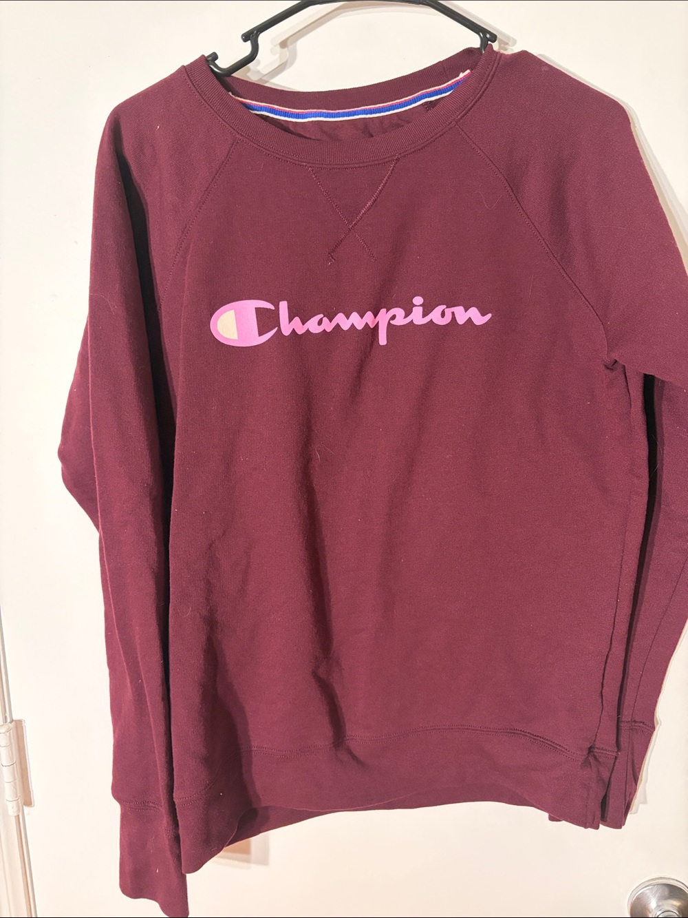 Champion Women's Maroon Crewneck Sweatshirt with Pink Logo
